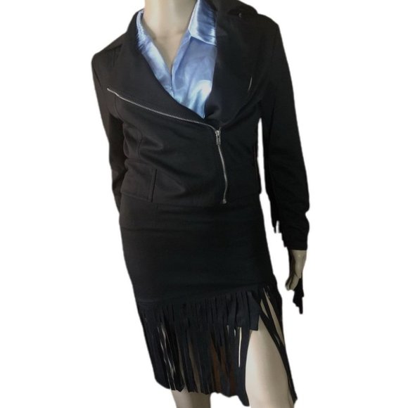 Rodeo Hippie Moto Biker Black Ponte Gypsy Fringed Skirt Jacket Set - Picture 4 of 7